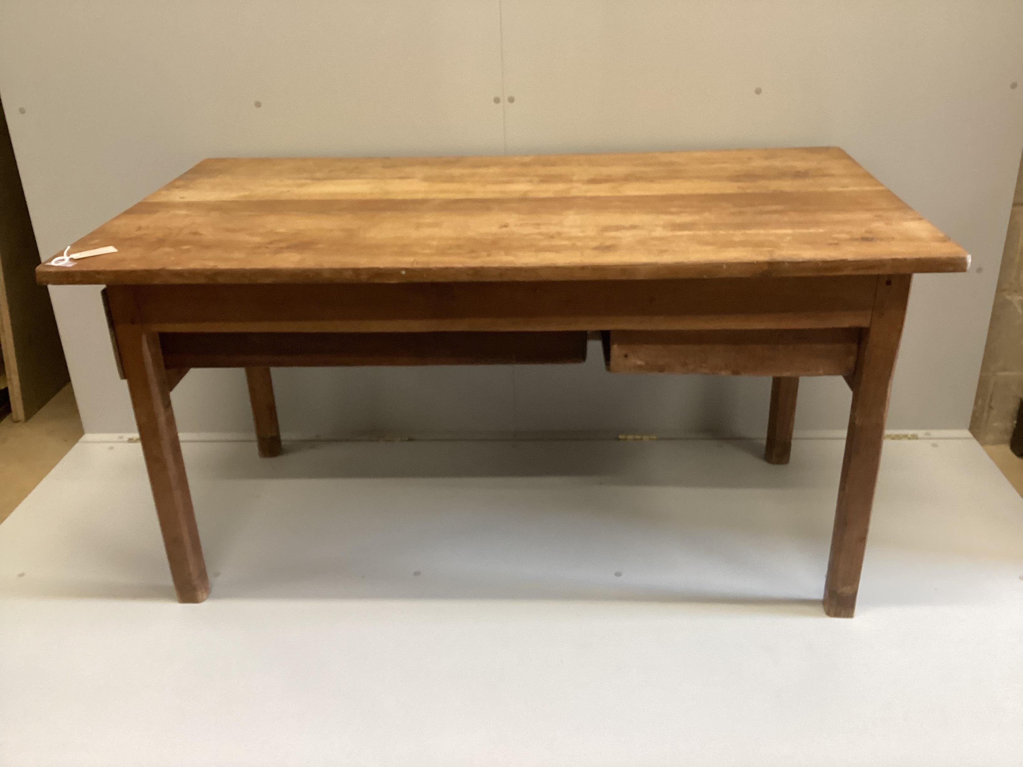 A 19th century French rectangular oak kitchen table, width 150cm, depth 82cm, height 77cm